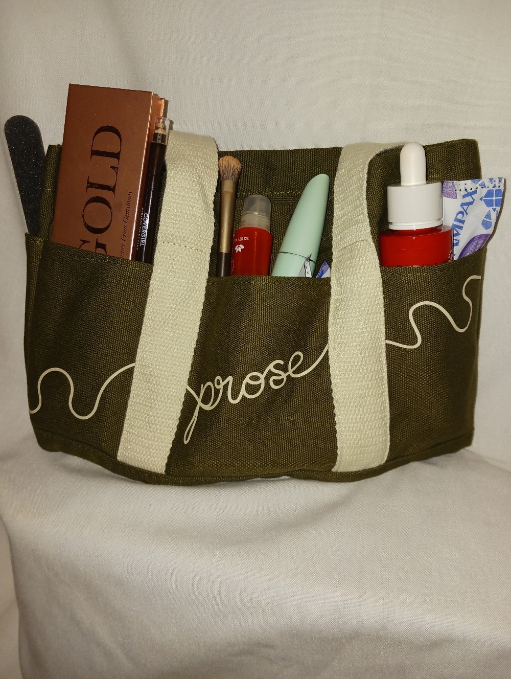 Prose Olive Canvas Tote with Cream Straps Mini Travel Shower Or Cosmetics Bag